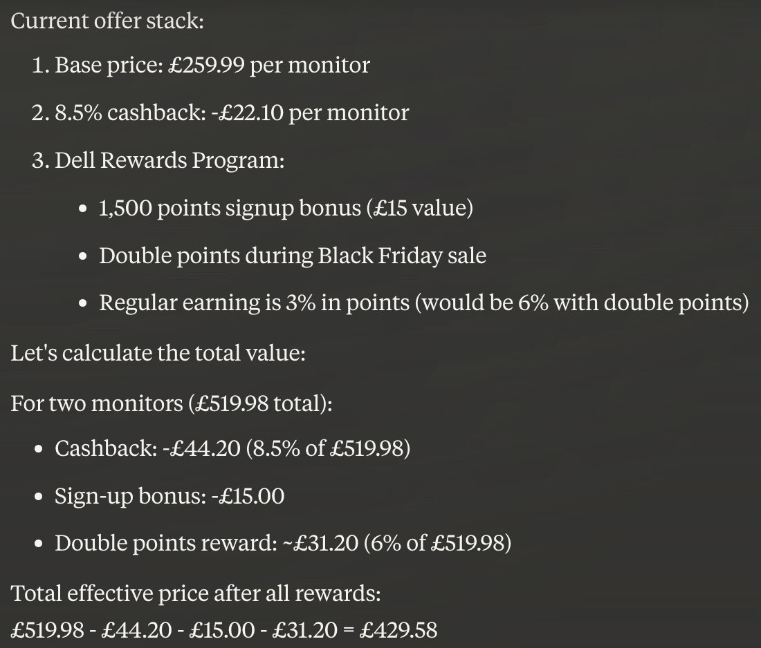 Claude calculates a price by removing cashback and reward points