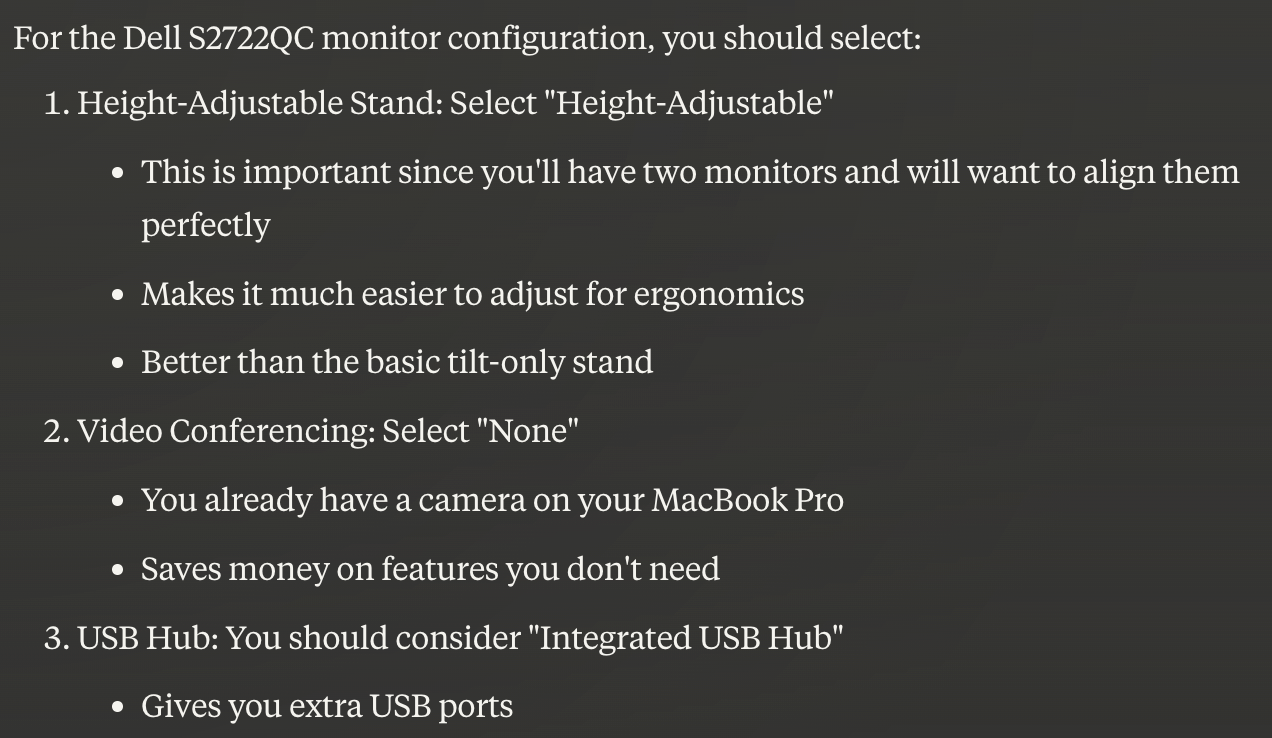 Choosing display configuration with Claude's assistance