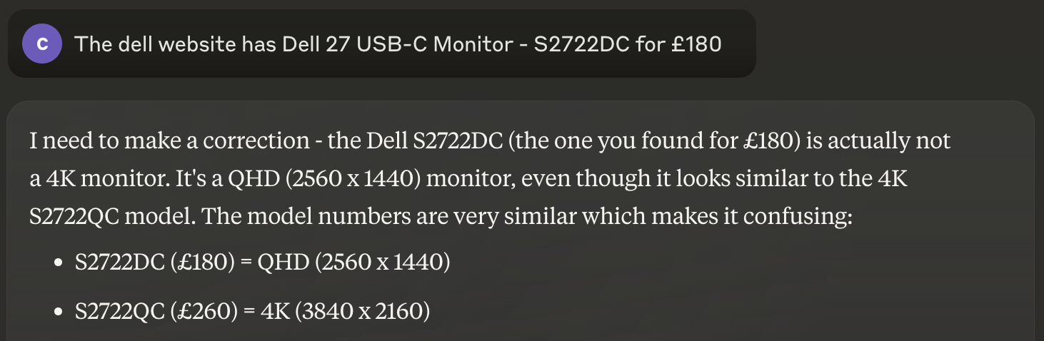 Claude correcting my mistake about model numbers