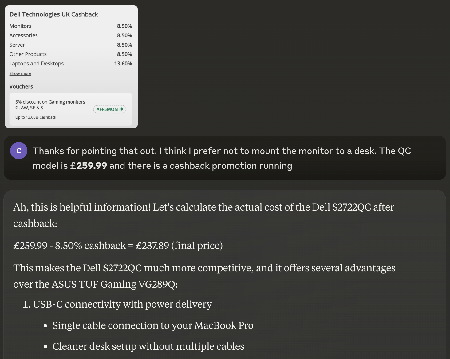 Claude calculated discounts based on a cashback promotion