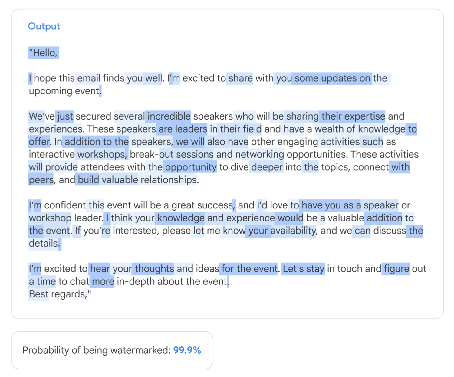 Google DeepMind example of watermarks in generated text