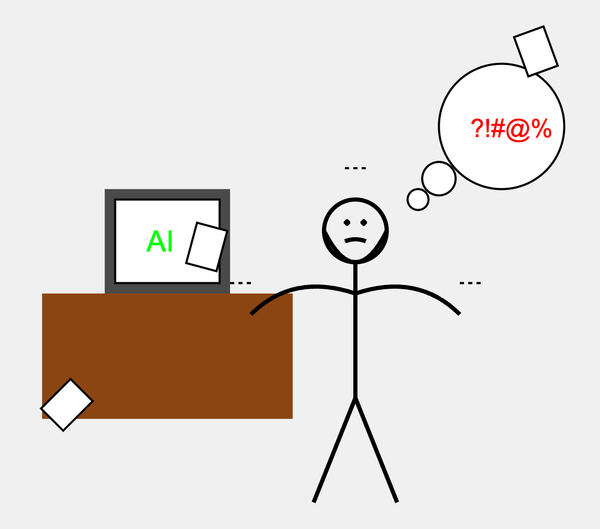 A humorous illustration showing a frustrated female user interacting with AI.